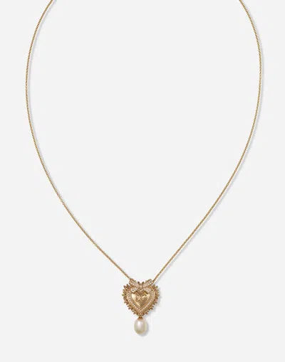 Dolce & Gabbana Devotion Necklace In Yellow Gold With Diamonds And Pearls In Yellow Gold