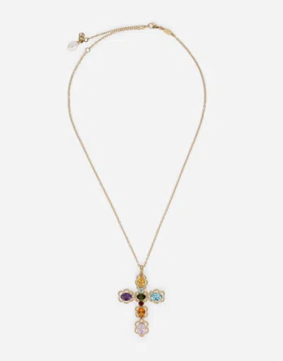 Dolce & Gabbana 18 Kt Yellow Gold Cross Pendant With Multicolor Fine Gemstones In Yellow Gold