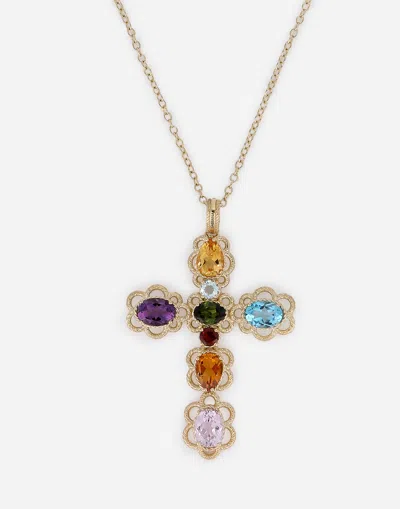 Dolce & Gabbana 18 Kt Yellow Gold Cross Pendant With Multicolor Fine Gemstones In Yellow Gold