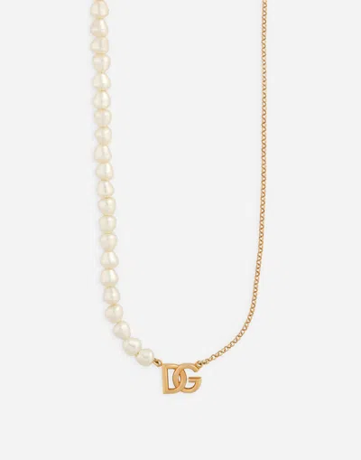 Dolce & Gabbana Link Necklace With Pearls And Dg Logo In Gold