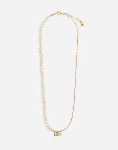 Dolce & Gabbana Link Necklace With Pearls And Dg Logo In Gold