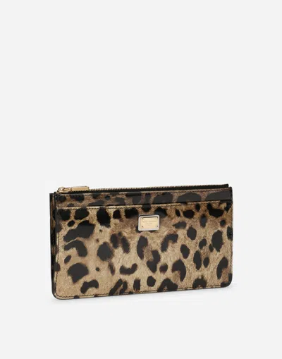 Dolce & Gabbana Large Polished Calfskin Card Holder With Zipper And Leopard Print In Animal Print