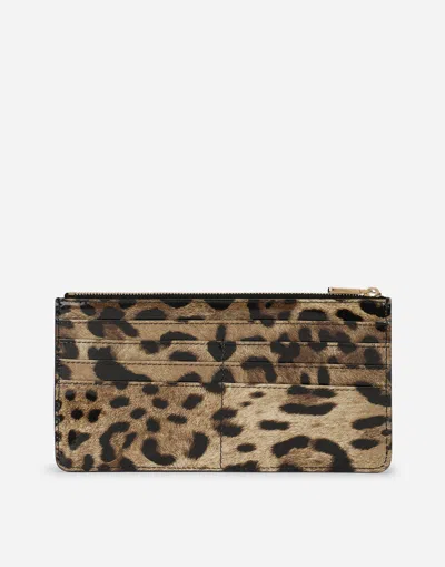 Dolce & Gabbana Large Polished Calfskin Card Holder With Zipper And Leopard Print In Animal Print