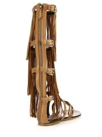 Shop Brian Atwood Adriana Fringed Leather Flat Sandals In Brown