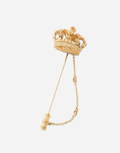 Dolce & Gabbana Crown Stick Pin Brooch In Yellow And White Gold With Curly Gold Thread Embellishments And Sphere In Gold