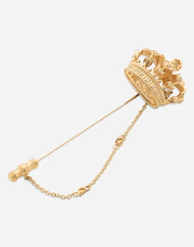 Dolce & Gabbana Crown Stick Pin Brooch In Yellow And White Gold With Curly Gold Thread Embellishments And Sphere In Gold