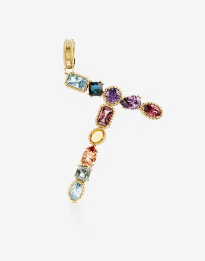 Dolce & Gabbana Charm T Lettering 18-carat Yellow Gold And Multicolored Gems In Gold