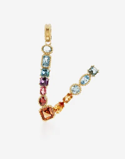 Dolce & Gabbana Charm V Lettering 18-carat Yellow Gold And Multicolored Gems In Gold