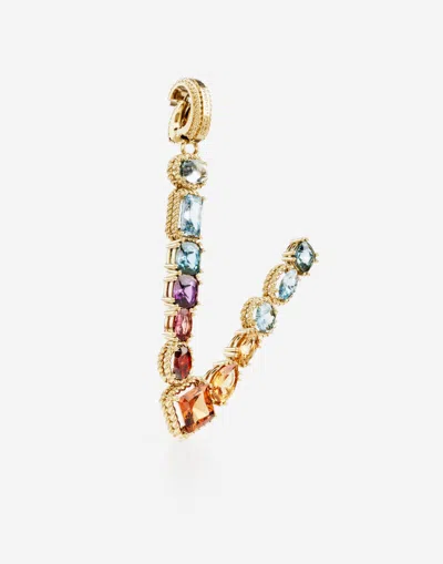 Dolce & Gabbana Charm V Lettering 18-carat Yellow Gold And Multicolored Gems In Gold