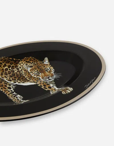 Dolce & Gabbana Leopard-print Wooden Tray In Multicolor