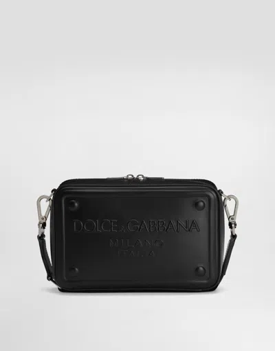 Dolce & Gabbana Calfskin Crossbody Bag With Raised Logo In Black