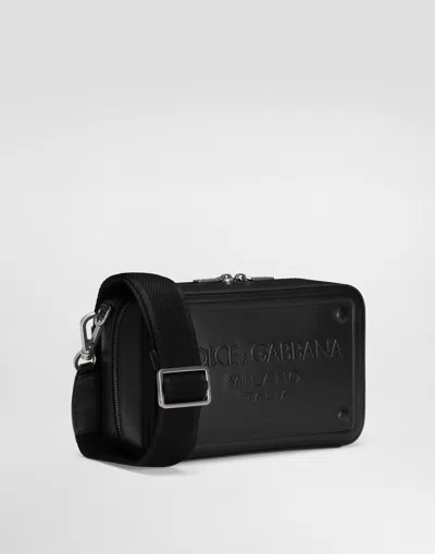 Dolce & Gabbana Calfskin Crossbody Bag With Raised Logo In Black