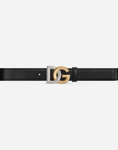 Dolce & Gabbana Calfskin Belt With Double-plated Dg Logo In Black