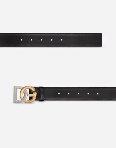 Dolce & Gabbana Calfskin Belt With Double-plated Dg Logo In Black