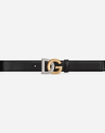 Dolce & Gabbana Calfskin Belt With Double-plated Dg Logo In Black