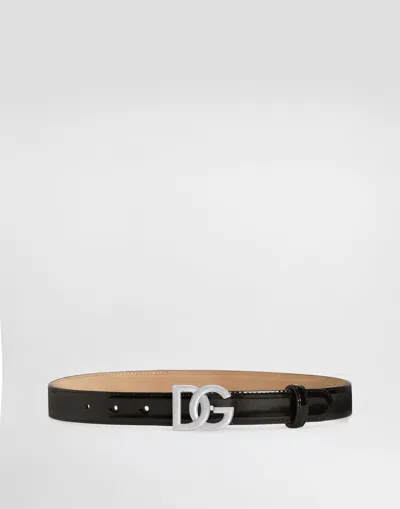 Dolce & Gabbana Shiny Calfskin Belt With Dg Logo In Black