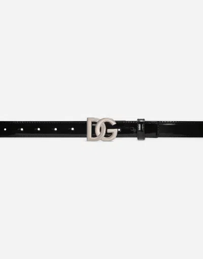 Dolce & Gabbana Shiny Calfskin Belt With Dg Logo In Black