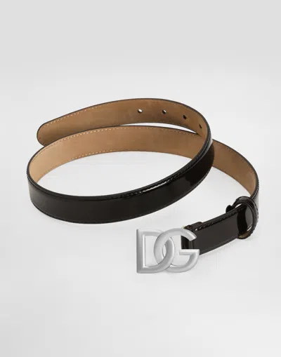 Dolce & Gabbana Shiny Calfskin Belt With Dg Logo In Black