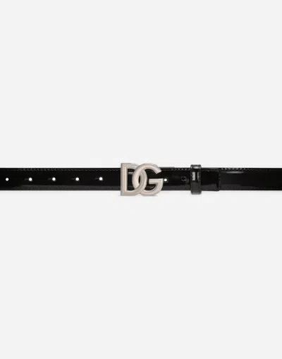 Dolce & Gabbana Shiny Calfskin Belt With Dg Logo In Black