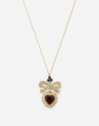 Dolce & Gabbana Heart Pendant In Yellow Gold With Rodolith Garnet And Sapphires In Gold