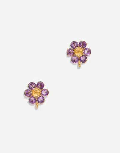 Dolce & Gabbana Spring Earrings In Yellow 18kt Gold With Amethyst Flower Motif Gold Female Onesize In Gold
