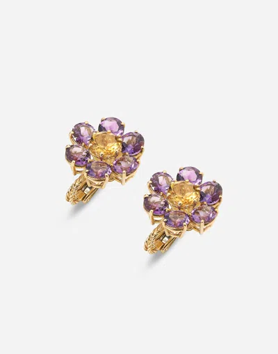 Dolce & Gabbana Spring Earrings In Yellow 18kt Gold With Amethyst Flower Motif Gold Female Onesize In Gold