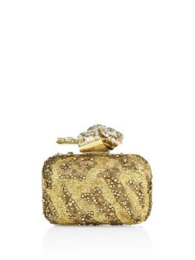 Shop Jimmy Choo Woven Crystal-embroidered Clutch In Gold