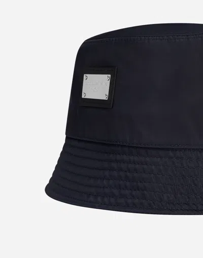 Dolce & Gabbana Nylon Bucket Hat With Branded Plate In Blue