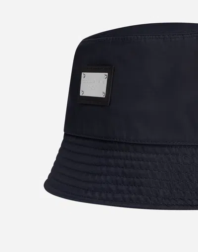 Dolce & Gabbana Nylon Bucket Hat With Branded Plate In Blue
