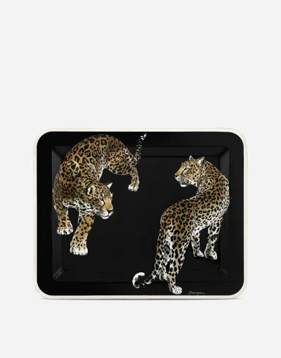 Dolce & Gabbana Medium Leopard-print Wood Tray In Multicolor
