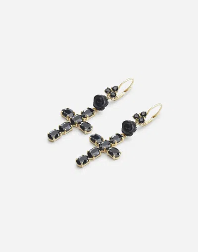 Dolce & Gabbana Devotion Earrings In Yellow Gold With Black Sapphires In Gold/black