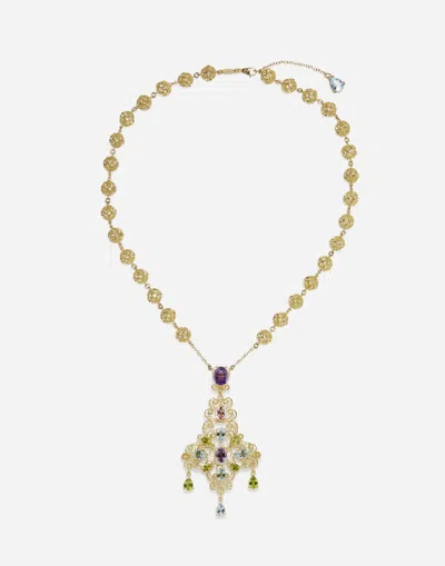 Dolce & Gabbana Pizzo Necklace In Yellow Gold Filigree With Amethysts, Aquamarines, Peridots And Morganite In Gold