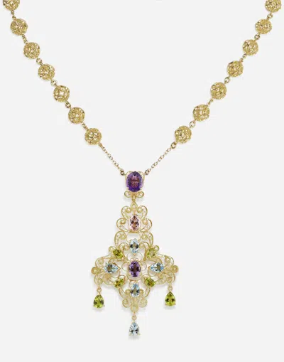 Dolce & Gabbana Pizzo Necklace In Yellow Gold Filigree With Amethysts, Aquamarines, Peridots And Morganite In Gold
