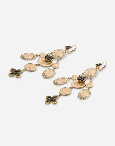 Dolce & Gabbana Yellow Gold Sicily Earrings With Medals And Cross Pendants In Gold