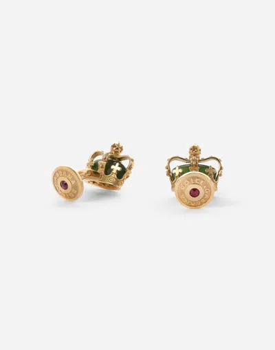 Dolce & Gabbana Crown Yellow Gold Cufflinks With Green Jades Yellow Gold Male Onesize In Yellow Gold