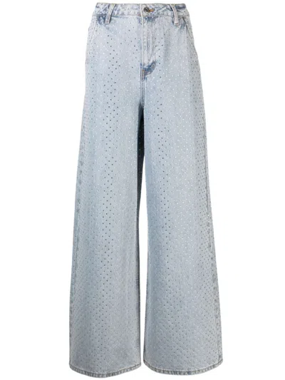 Shop Self-portrait High-waisted Jeans With Rhinestones And Wide Leg In Blue