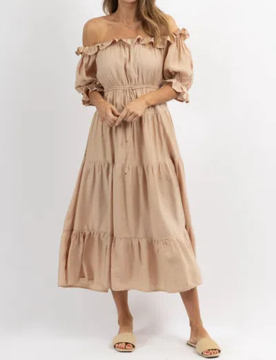 Shop One And Only Collective Off Shoulder Ruffle And Tie Waist Dress In Nude In Beige