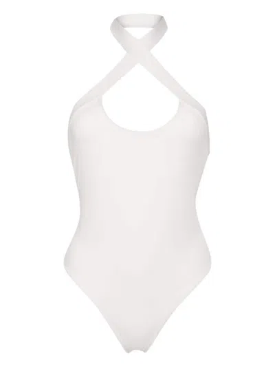 Shop Off-white Halterneck Open-back Swimsuit In Coconut Milk Coconut Milk