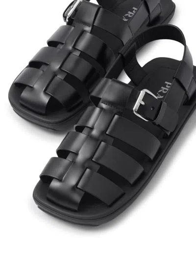 Shop Prada Interwoven Straps Flat Sandals In Nero