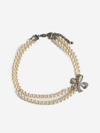 Shop Alessandra Rich Crystal Bow Pearl Necklace In Pearl,silver