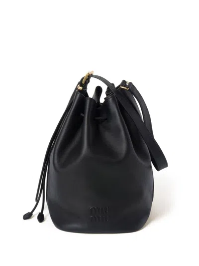 Shop Miu Miu Logo-embossed Leather Bucket Bag In Nero