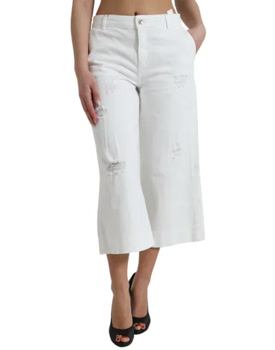 Shop Dolce & Gabbana White Cotton Cropped Wide Leg Denim Jeans