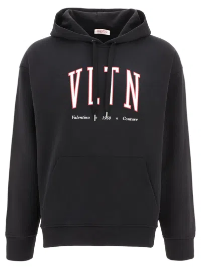 Shop Valentino Vltn Logo Printed Long-sleeved Hoodie In Black
