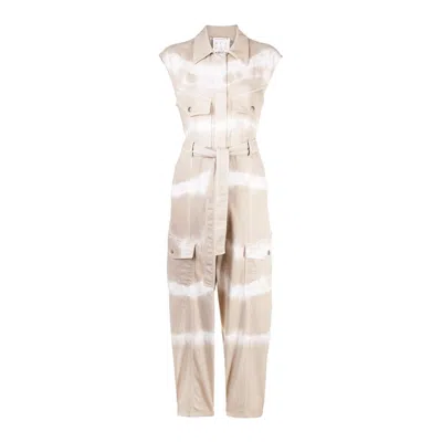 Stella Mccartney Tie-dye Belted Denim Jumpsuit In Beige