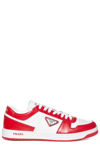 Shop Prada Logo Patch Lace-up Sneakers In Bianco+laccato
