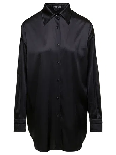 Shop Tom Ford Black Relaxed Shirt With Pointed Collar In Stretch Silk Woman