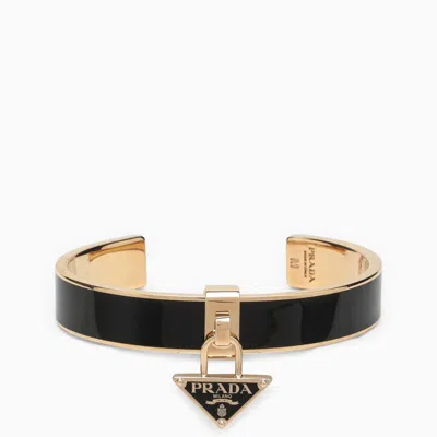 Shop Prada Enameled Metal Logo Bracelet In Black/gold
