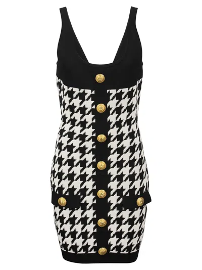 Shop Balmain Short Knit Dress With Gold Buttons In Black/white