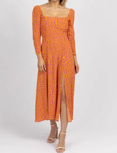 Olivaceous Checked Squareneck Midi Dress In Orange In Orange