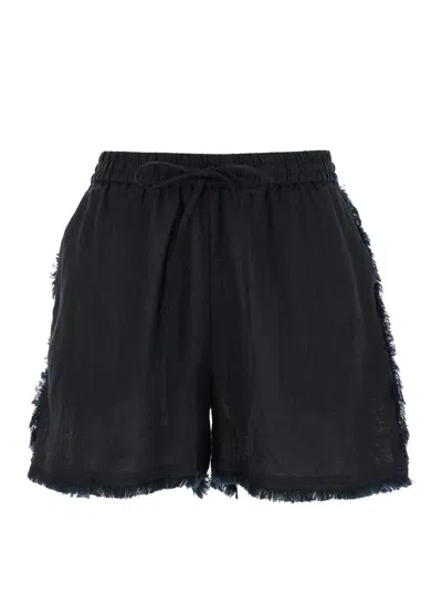 Shop P.a.r.o.s.h Black Shorts With Drawstring And Fringed Hem In Linen Woman